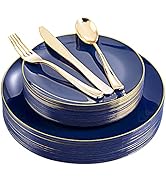 YOUBET 125PCS Blue Plastic Plates - Gold Plastic Silverware - Navy Disposable Plates Perfect for ...