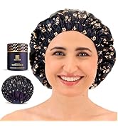 Luxury Reusable Shower Cap for Women - Satin Lined, Adjustable & Waterproof - Keeps Hair Dry- Dur...