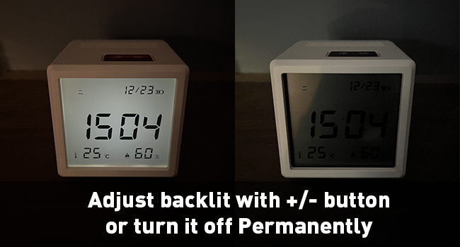 Text reads 'Adjust backlit with +/- button or turn it off permanently.' Digital display screens showing time with different backlight settings.