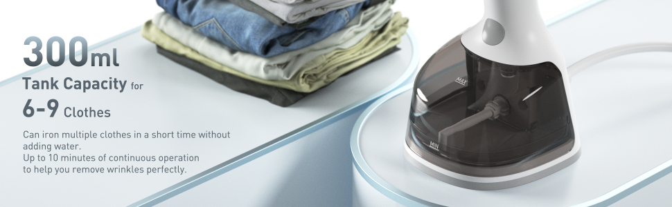 Clothing steamer with 300ml tank capacity. Can steam 6-9 clothes. White appliance shown with folded garments nearby.
