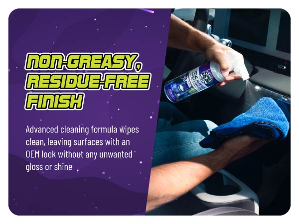 Deep cleaning spray for automotive interiors leaving surfaces clean, smooth, and refreshed