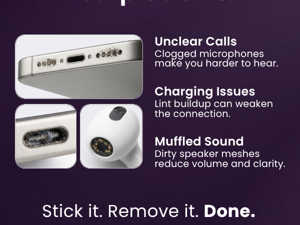stikki helps preventing unclear calls, charging issues and muffled sounds from your tech.