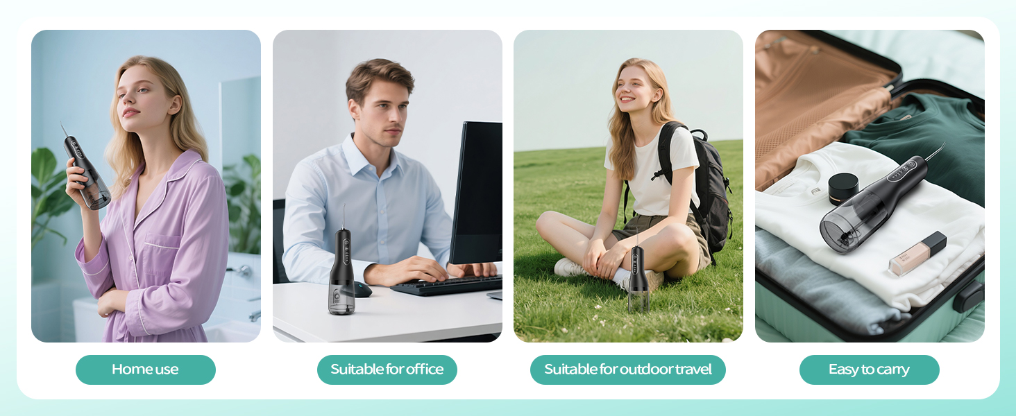 Built with a long-lasting battery, this water flosser great for home, office, outdoor and travel.