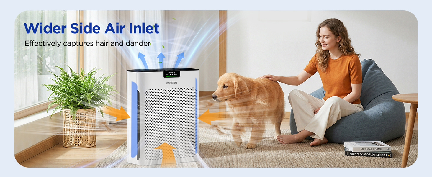 White air purifier with wide side air inlet captures pet hair and dog dander without clogging