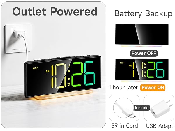 USB power adapter included 59 inch cord outlet powered clock with battery backup for power outage