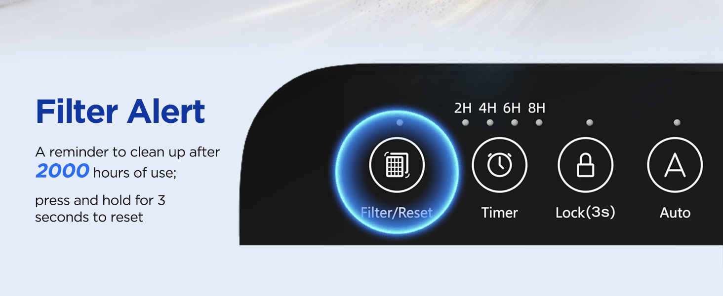Black MOOKA air purifier with filter reset indicator, 2000 hours lifespan reminder