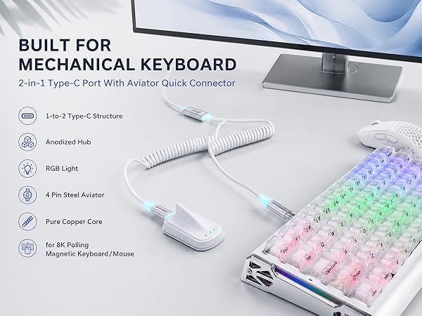 ATTACK SHARK C08 USB A to Dual Type-C Custom Coiled Aviator Cable with Adjustable RGB Light