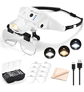 GUOUBUO Rechargeable Magnifying Glasses with Light 1X-5X, Magnetic Headband | Flipped Up, Wider A...
