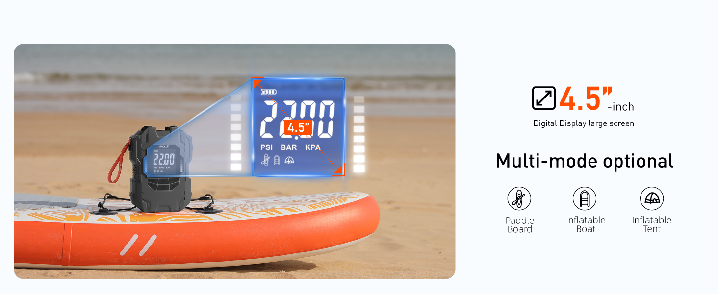 Orange surfboard or paddleboard with technical specifications displayed, including a 4.5-inch measurement marking.
