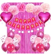 Pink Birthday Party Decorations for Girls Women with Happy Birthday Banner,Fringe Curtain,Foil Ba...