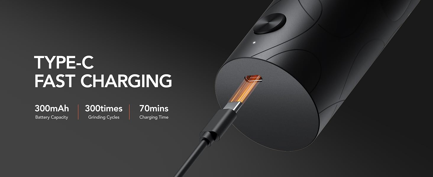 FORLIM electric grinder charging with USB-C cable, 300mAh battery and 70-minute charge time