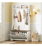 HOOBRO Hall Tree with Bench, Entryway Bench with Coat Rack and Shoe Cabinet, Flip Drawers, Farmho...