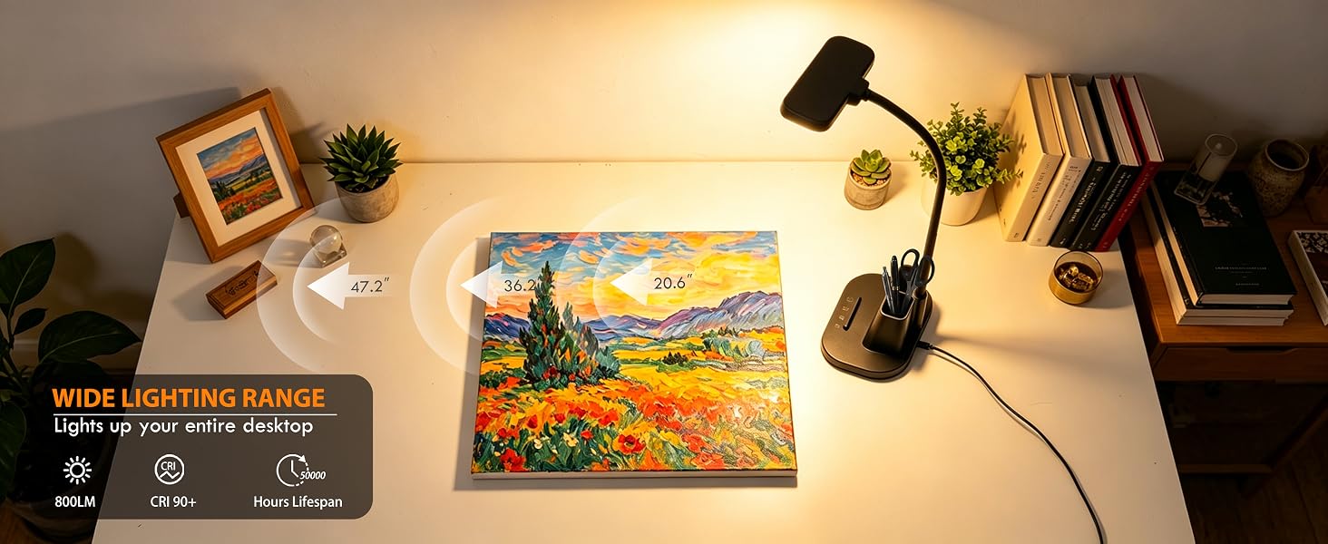 LED Desk Lamp for Dorm Room with Pen Holder USB Charging Port Small Reading Light for Home Office