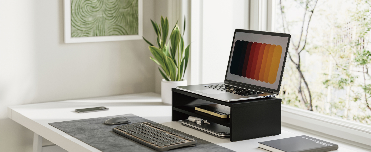 Modern home office desk setup with laptop, keyboard, and black organizer box near window with indoor plant and framed artwork.