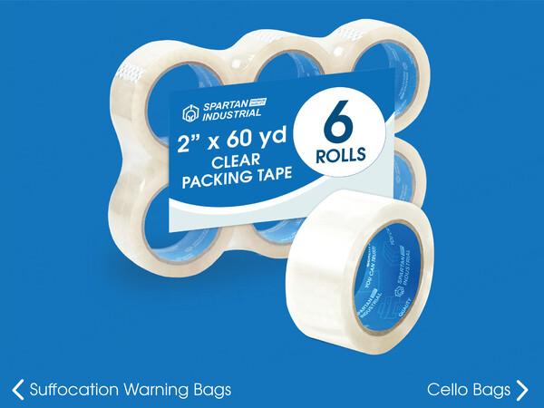 A roll of our two inch clear packing tape in front of a pack of six rolls on a blue background
