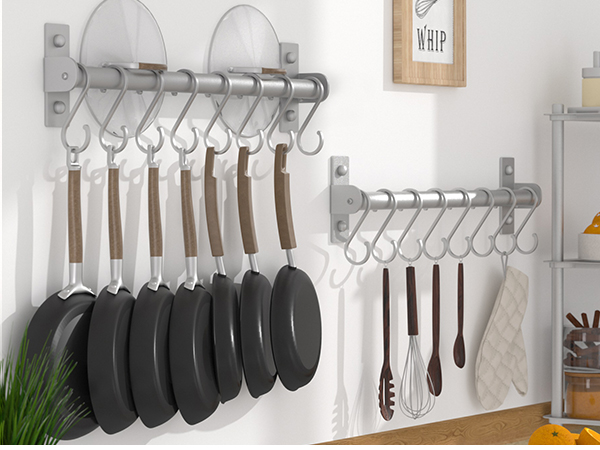 Dseap Kitchen Utensil Holder Hanger, Pot and Pan Rack wall mounted with 8 Hooks