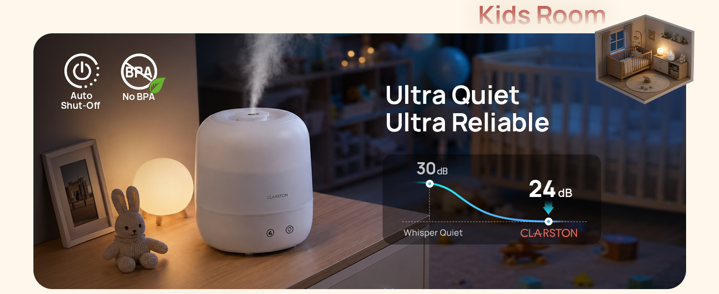 Auto Shut-Off and BPA-free material ensure reliability. 24dB ultra-quiet ensures absolute silence