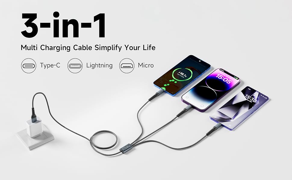 Text reads '3-in-1' and 'Multi Charging Cable Simplify Your Life'. Product image showing charging cables with Type-C, Lightning, and Micro connectors.