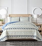 Bedspread Queen Size Bohemian Geometric Queen Quilt with Tassle, White and Blue Aztec Pattern Boh...