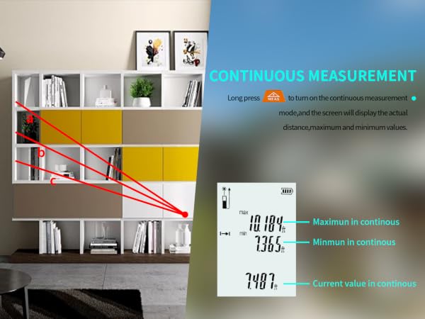 Continuous measurement mode, real-time distance display, max/min value tracking