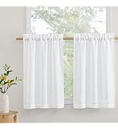 RYB HOME White Linen Textured Sheer Ties for Bathroom Bedroom, Machine Washable Kitchen Soften Su...