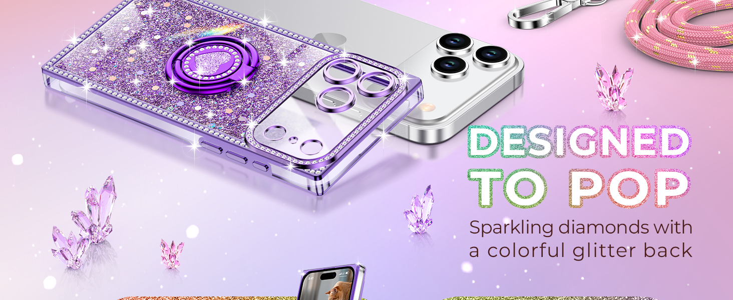 XYZ for iPhone 17 Pro max Case, Glitter Bling Phone Cover with 2-Ring Heart Stand & Lanyard
