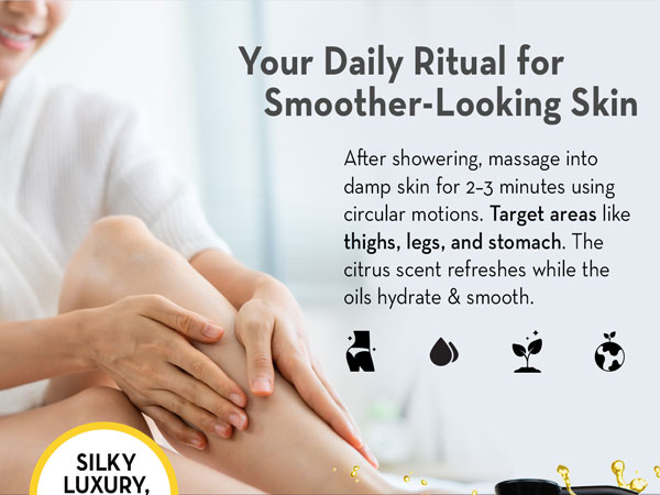 Woman massaging oil on legs with text explaining daily use for smoother skin after showering.