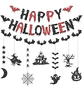 PatiCool Halloween Party Decorations Kit - Pre-Strung Happy Halloween Banner and Ghosts Witches B...