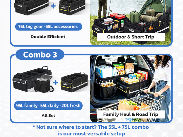 Purchase different sizes of trunk organizer in combination to meet all needs
