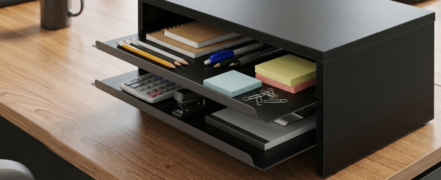 Monitor stand with two slide-out trays, providing storage for items and keeping your desk organized.