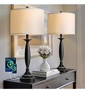 Oneach 28" Modern Table Lamps Set of 2 for Living Room, Black Metal Bedside Lamps with USB Ports,...