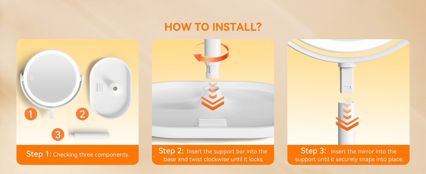 How to install Auxmir makeup mirror: 3-step assembly, check parts, twist base, attach mirror