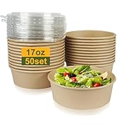 PakTalk 50 Pack Disposable Salad Bowls with Lids, 17oz Round Microwave-Safe Meal Prep Containers ...