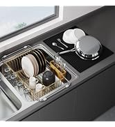 JASIWAY Gold Dish Drying Rack in Sink with Mat, Expandable Stainless Steel Dish Drainers for Kitc...