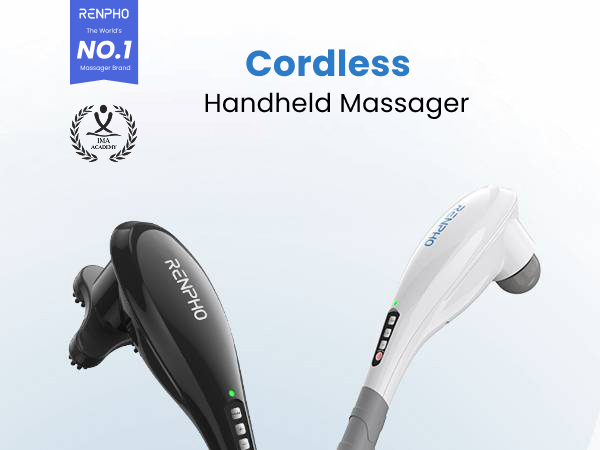 RENPHO cordless handheld massager in white and black for neck and shoulder comfort