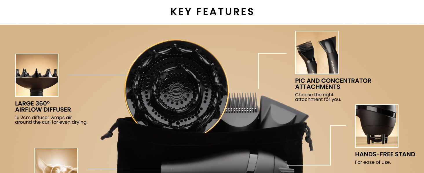 key features: large diffuser, pic and concentrator attachment, hands free stand