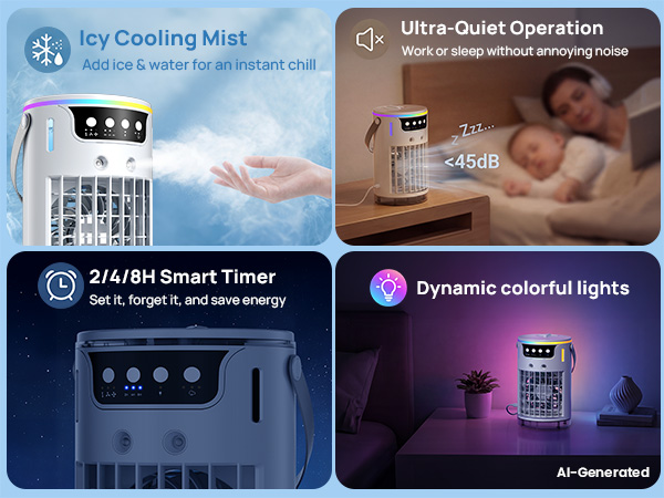 portable ac fan features mist function, quiet operation, 2/4/8H timer, and colorful lights