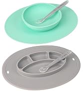 Upward Baby Suction Plate and Bowl with Built-in Placemat for Infants + 2 Baby Spoons Self Feedin...