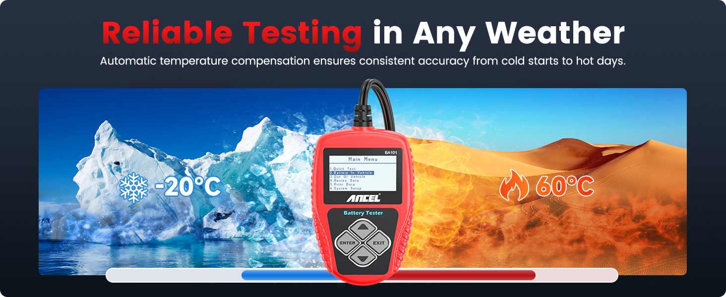Battery tester with temperature compensation for reliable testing in any weather