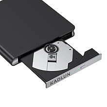 External optical drive with open tray, showing CD/DVD slot. Device has a slim black casing and 'KADLUN' branding on the front.