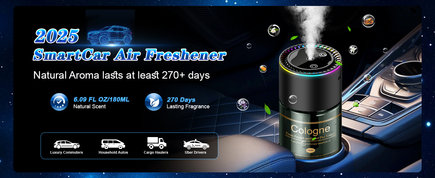 Smart Car Air Freshener Diffuser - 240-Day Long-Lasting Essential Oil (6.09oz/180ml)