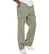 PEGENO Mens Cargo Pants Elastic Waist Drawstring Twill Hiking Pants with Multiple Pockets