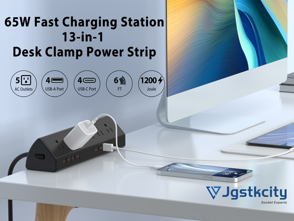 Desk Clamp Power Strip 65W Fast Charging Station