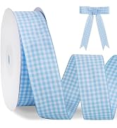 TONIFUL 1 Inch x 25 Yards Light Blue Gingham Buffalo Ribbon Plaid Checkered Ribbon for Gift Wrapp...