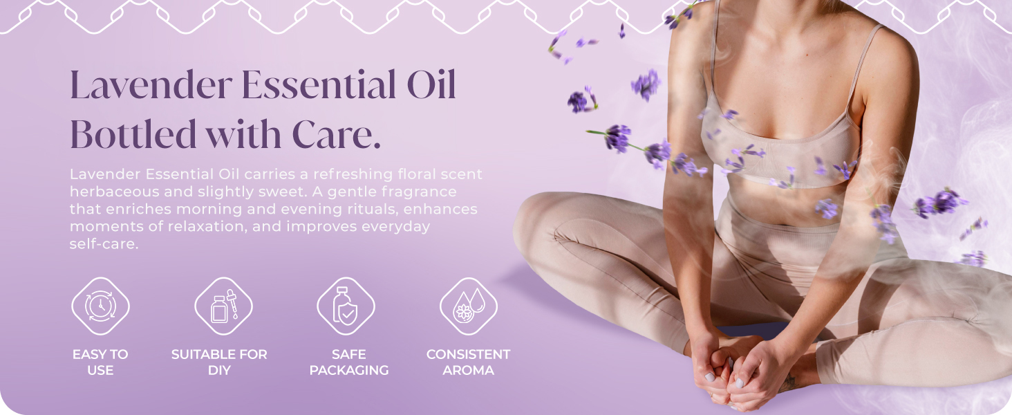 A 4 ounce amber glass bottle of SIVA Lavender essential oil being used for aromatherapy in diffuser