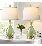 QiMH Green Glass Table Lamps for Living Room, Bedside Lamps Set of 2 with USB A+C Charging Ports,...