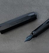 Close-up shots of a black fountain pen nib and barrel against a gray background, showing detailed views of the writing tip.
