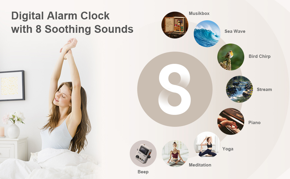 alarm clock with 8 snoothing sounds