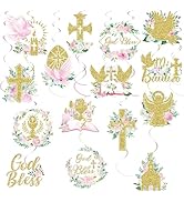 36 Pcs Pink Floral Cross Hanging Swirls Decorations Set, First Holy Communion Ceremony Religious ...