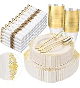 Nervure 350PCS Ivory Plastic Plates - Ivory Gold Plastic Dinnerware Sets for 50 Guests - 100 Gold...